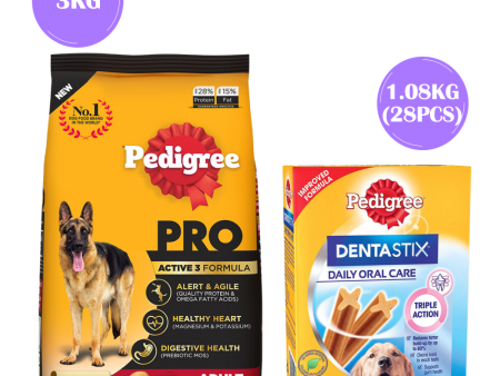 Pedigree PRO Expert Nutrition Active Adult (18 Months Onwards) Large Breed Dry Food and Dentastix Oral Care for Adult (Large Breed of 25 kg+) Treats Combo for Dogs Supply