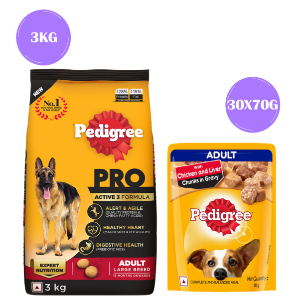 Pedigree PRO Expert Nutrition Active Adult (18 Months Onwards) Large Breed and Chicken and Liver Chunks in Gravy Wet Adult Dog Food Combo For Discount