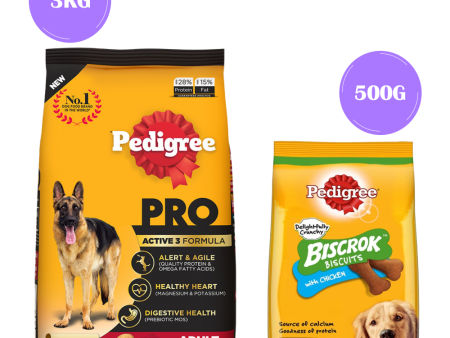 Pedigree PRO Expert Nutrition Active Adult (18 Months Onwards) Large Breed Dry Food and Chicken Flavor Biscrok Biscuits Treats Combo for Dogs Fashion