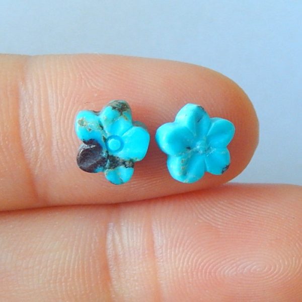 Natural Turquoise Carved flower Cabochons Paired 7x3mm, 0.4g on Sale