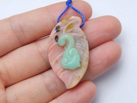 Intarsia of Pink Opal and Chrysoprase Carved Leaf Pendant Bead 35x21x8mm, 6.6g Online Hot Sale