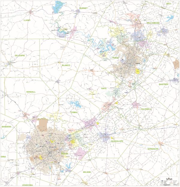 Greater Austin & San Antonio Metro Area Major Arterial Wall Map by True North Publishing Supply