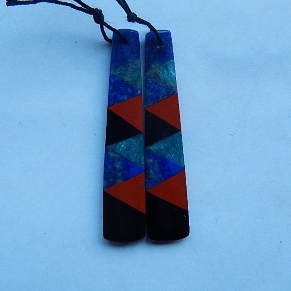 Intarsia Of African Sodalite, Apatite, Lapis Lazuli, Red River And Obsidian Earring Beads 49x10x4mm, 8.3g Supply