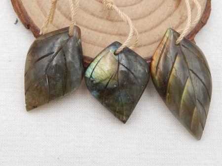 3 PCS Natural Labradorite Carved Leaf Pendant Beads 34x19x5mm, 24x19x6mm, 12.6g Hot on Sale