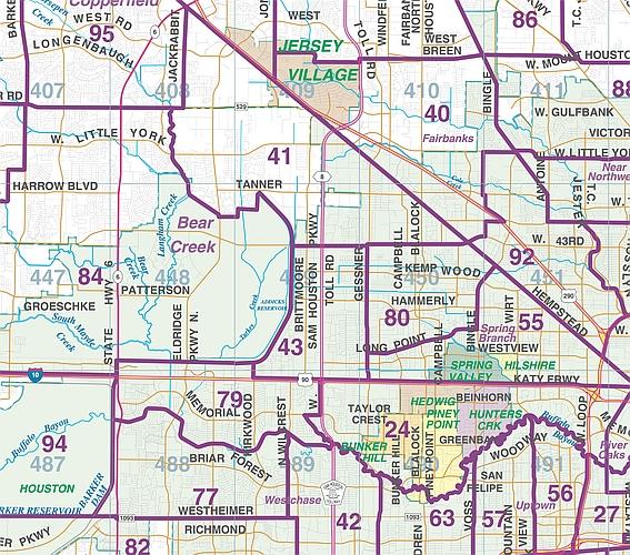 Harris County Major Thoroughfare Wall Map with Zip Codes by Key Maps Inc. For Sale