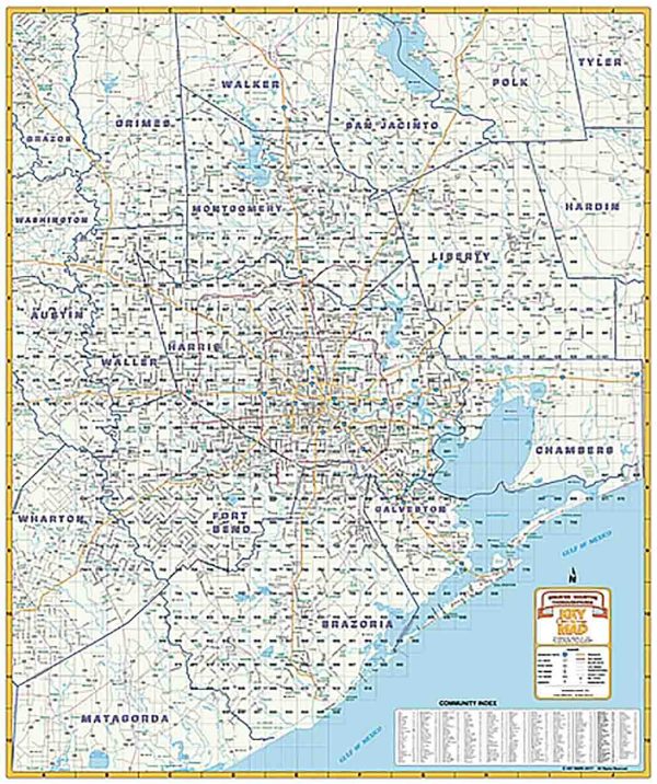 Greater Houston Thoroughfares Wall Map with Zip Codes by Key Maps Inc. For Sale