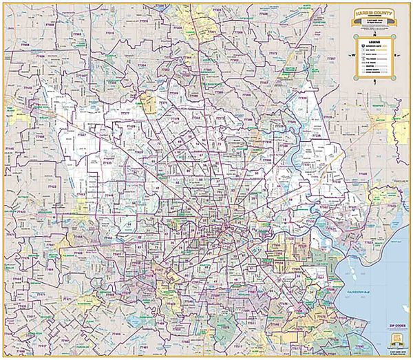 Harris County Major Thoroughfare Wall Map with Zip Codes by Key Maps Inc. For Sale