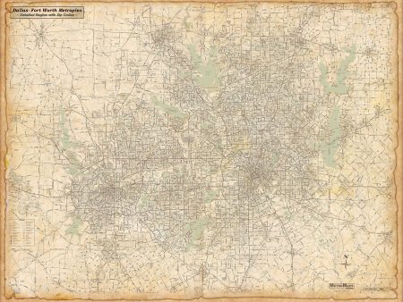 DFW Regional Area Major Arterial Wall Map - Antiqued Version on Sale