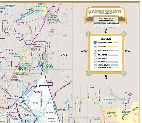 Harris County Major Thoroughfare Wall Map with Zip Codes by Key Maps Inc. For Sale